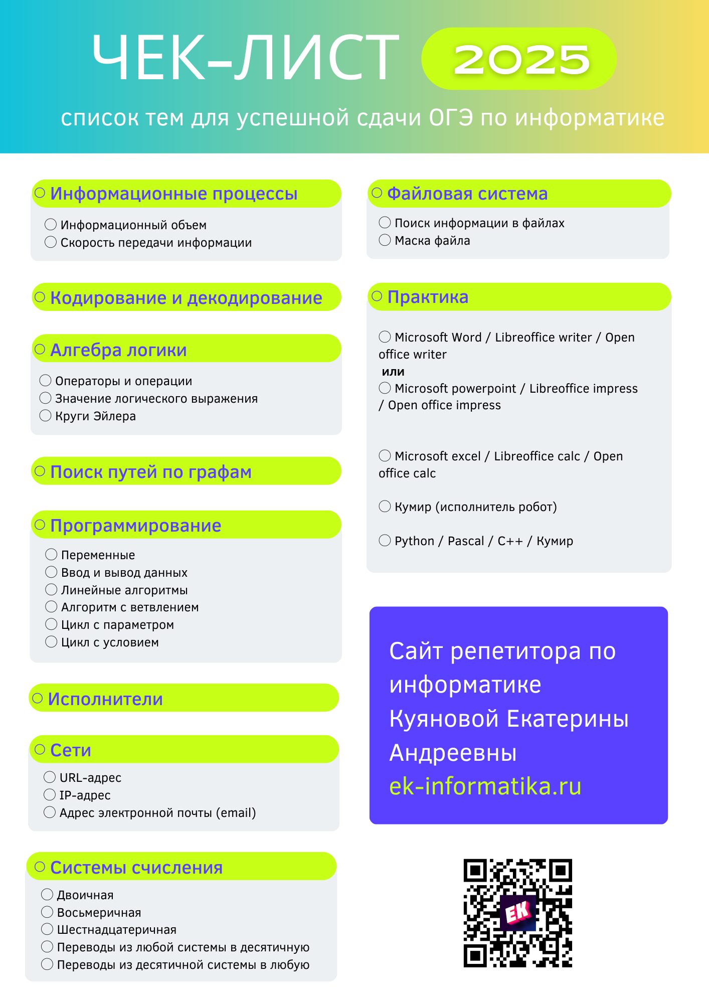 Бесплатный чек-лист тем ОГЭ по информатике 2024